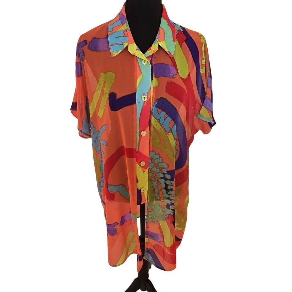 Artex Fashions Womens Button Front Semi-Sheer Longline Blouse Multicolor Medium